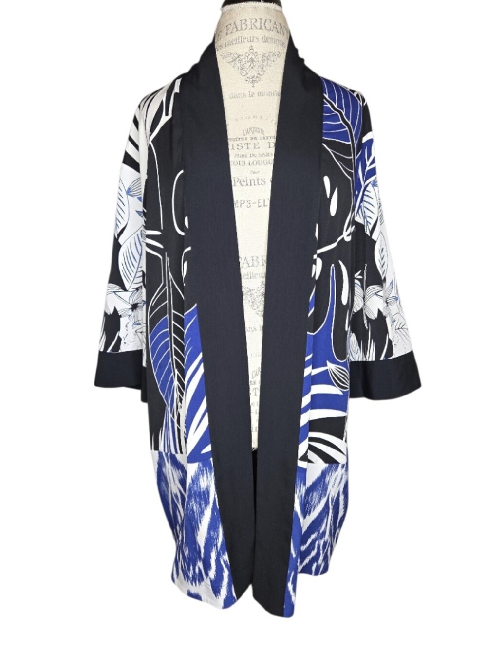 Chico's Travelers 3/4 Sleeve Tropical Leaf Print Kimono Seafaring Blue Size L/XL
